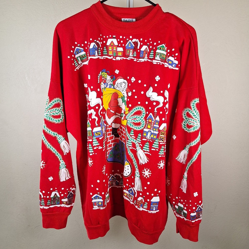 Holiday Time Vintage Christmas Santa Village Puff Print Crewneck Sweatshirt